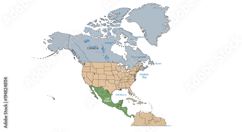 Detailed political map of North America showcasing the United States, Canada, and Mexico with distinct geographical boundaries and national territories for educational and reference purposes