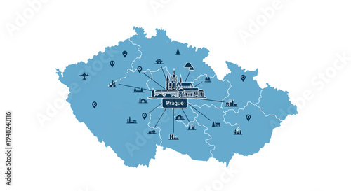 Dynamic vector map of Czech Republic illustrating key locations and infrastructure connections centered around the vibrant capital city of Prague for business and travel