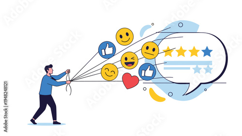 Person pulling a group of floating emoji faces and stars towards a speech bubble representing customer feedback and brand reputation.