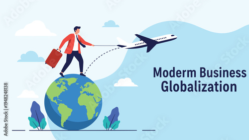 Global business concept showing a man with a suitcase on top of the earth pulling a plane representing international travel and trade.