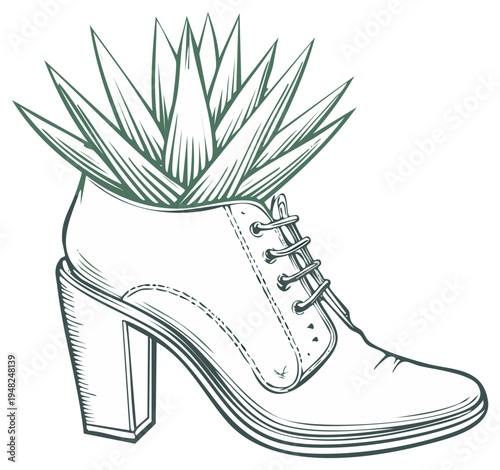 Stylized illustration of a green succulent plant growing from an elegant lace-up high-heeled boot.