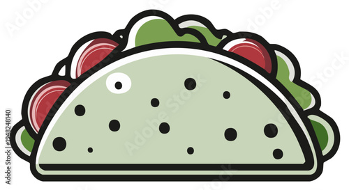 Stylized flat illustration of a taco with lettuce tomato and filling