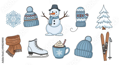 A delightful collection of essential winter elements for the cold season, featuring a cheerful snowman, warm hats, mittens, skis, and cozy hot chocolate