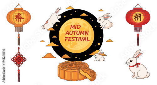 Mid-Autumn Festival illustration full moon, rabbits, mooncakes, lanterns. Celebrating East Asian autumn holiday traditions with charming vector art