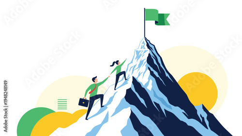Two business professionals helping each other climb a high mountain peak toward a green flag representing teamwork and success.