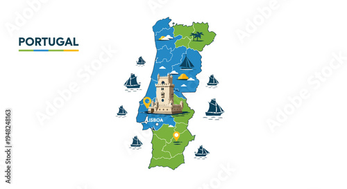Detailed vector illustration showcasing the diverse regions and iconic landmarks of Portugal, featuring Lisbon's historical architecture and vibrant geography
