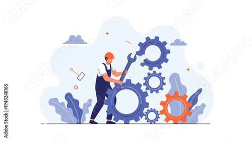 Industrial mechanic using a giant wrench to adjust large blue and orange gears representing technical maintenance and system repair.