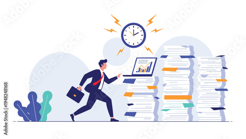 Stressed businessman running past huge stacks of paperwork and an alarm clock representing deadline pressure and heavy workload.