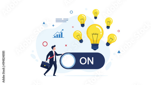 Innovative thinker in a suit turning on a giant switch that lights up several light bulbs representing new idea generation and power.