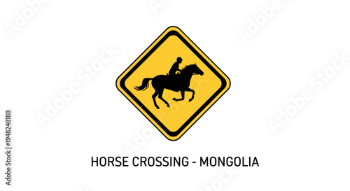 Vibrant yellow diamond-shaped road warning sign with a black silhouette of a horse and rider, signaling an equestrian crossing area to enhance driver safety on public roads