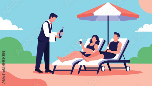 Professional waiter serving bottle of wine to couple relaxing on lounge chairs under umbrella at luxury beach resort.