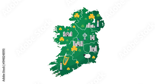 Illustrated map of Ireland with iconic national symbols, including castles, shamrocks, and traditional landmarks, representing the country's rich heritage and cultural spirit
