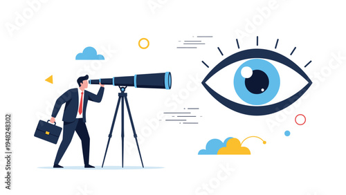 Forward-thinking businessman looking through a telescope at a giant blue eye representing vision and market analysis in industry.