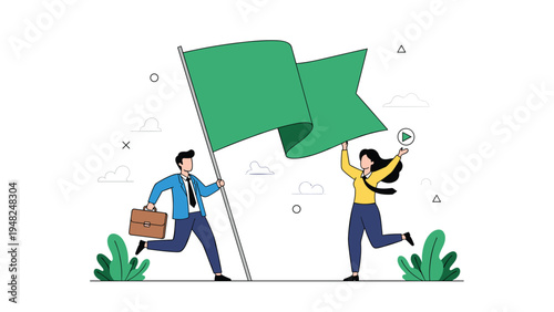 Two happy business professionals holding a large green flag and running to celebrate a successful achievement in the corporate world.