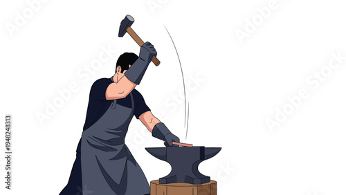 Strong blacksmith wearing protective apron and gloves striking hot metal with hammer on anvil in workshop scene.