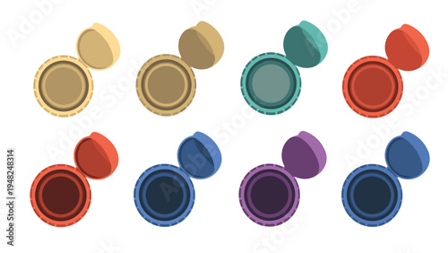 Set of eight open round jewelry or cosmetic boxes in different colors seen from a high angle isometric view.