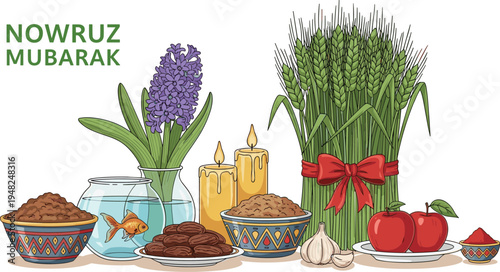 Nowruz Mubarak Persian new year celebration illustration with haft sin table, wheat grass, candles, apples, fish and traditional symbols