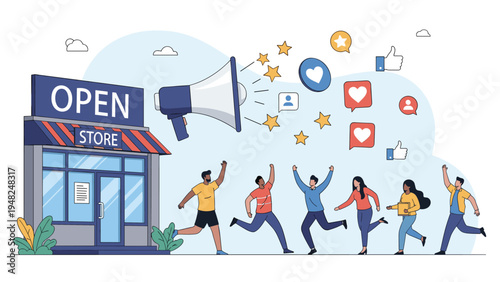 Group of diverse people running toward an open store with floating social media marketing icons representing successful retail business.