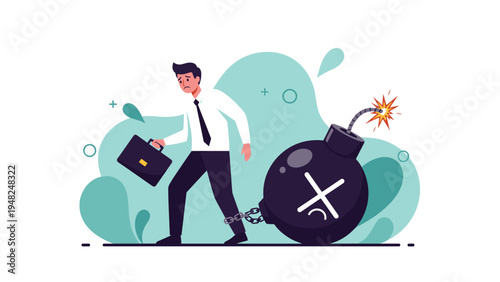 Sad employee dragging a heavy black bomb with a lit fuse symbolizing a dangerous business situation or impending financial crisis.