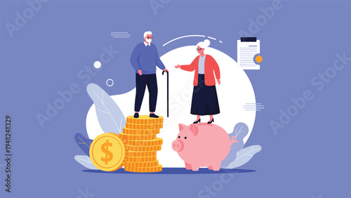 Elderly couple standing on stacks of coins and a piggy bank to represent retirement savings and long term financial planning security.
