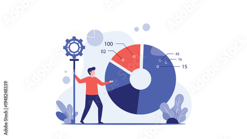 Man in a red sweater standing next to a large colorful pie chart with numerical data representing business statistics and analysis.