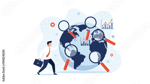 Businessman standing next to a globe with several magnifying glasses representing global market research and international analysis.