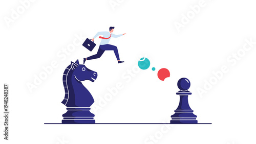 Businessman jumping from a giant knight chess piece toward a pawn representing strategic thinking and competition in corporate world.