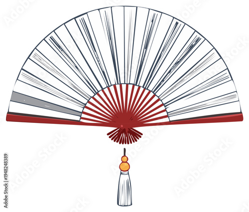 Elegant hand fan with red trim and decorative tassel illustration Oriental folding fan vector design