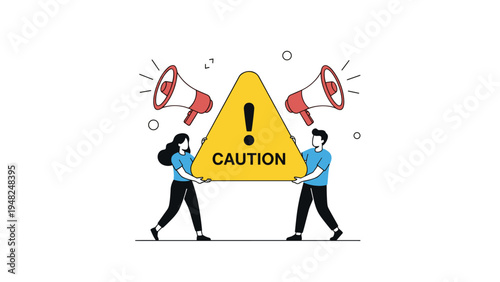 Two people holding a large yellow triangle sign with the word caution while megaphones blare representing warning signals and alerts.