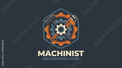 A well-designed industrial logo that incorporates essential tools within a gear layout, symbolizing engineering, craftsmanship, and professionalism in a cohesive visual style.