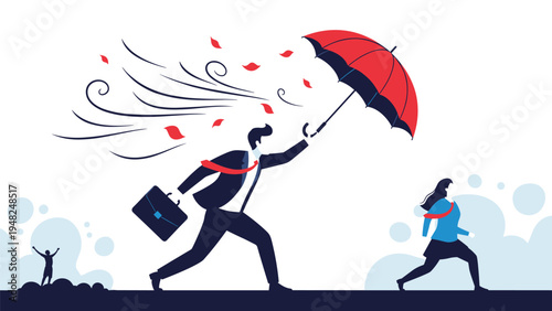 Determined businessman holding a red umbrella while walking through a strong wind storm symbolizing resilience against career challenges.