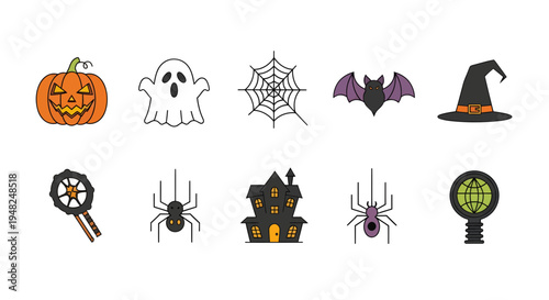 Spooky and fun Halloween line art icon set featuring jack-o'-lantern, ghost, spider web, bat, witch hat, and haunted house, ideal for seasonal designs