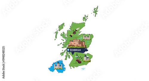 An illustrated map of Scotland showcasing its rich cultural heritage and iconic historical castles, inviting discovery of famous landmarks across the country