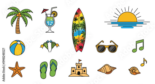 Vibrant flat line icons for summer beach vacation, including palm tree, surfboard, cocktail, sunglasses, sandcastle, flip-flops. Perfect for travel and tropical designs