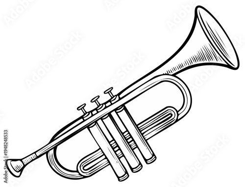 Detailed black and white line art illustration of a brass trumpet with three valves and flared bell