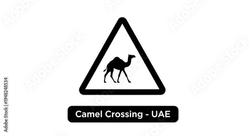 Clear vector illustration of a camel crossing warning sign, highlighting road safety and wildlife awareness in desert environments for drivers