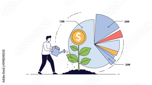 Investor watering a plant with a golden dollar coin flower next to a financial pie chart representing wealth growth and budget planning.