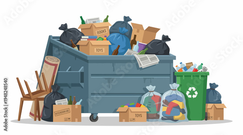 A cluttered dumpster overflowing with trash bags, cardboard boxes, and recyclable goods, highlighting the importance of recycling and responsible waste management.