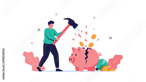 Stressed person using a large hammer to break a pink piggy bank and release gold coins representing spending savings or debt crisis.