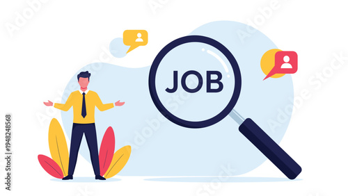 Job seeker standing with open arms next to a giant magnifying glass focusing on the word job to represent active recruitment search.