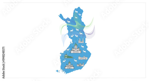 Dynamic illustrated map of Finland showcasing iconic landmarks, native reindeers, and abstract natural elements, capturing the vibrant Nordic culture and stunning landscape