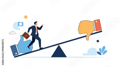 Professional businessman walking up a giant seesaw toward a thumbs down icon while leaving a thumbs up behind to represent risk or bias.