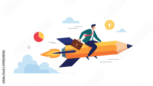 Creative professional riding a large pencil shaped rocket through the clouds to symbolize fast career growth and innovative inspiration.