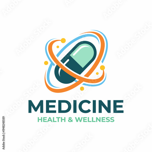 An abstract representation of a capsule within an orbit, emphasizing the themes of medicine, health, and wellness in a contemporary design.