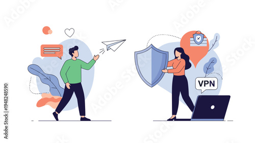Man sending a paper plane message to a woman using a laptop with a shield and vpn icon for secure digital network communication.