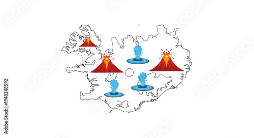 Vibrant illustration of Iceland's powerful geothermal activity, depicting active volcanoes and steaming geysers on a map, highlighting the island's unique geological wonders