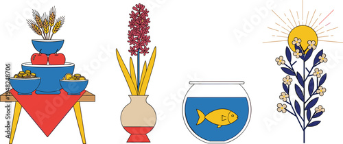 Nowruz Persian new year symbols set including haft sin table, hyacinth flower, goldfish bowl and spring blossom illustration