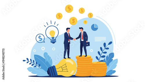 Two business partners shaking hands while standing on a giant light bulb and stacks of gold coins to celebrate a creative investment deal.