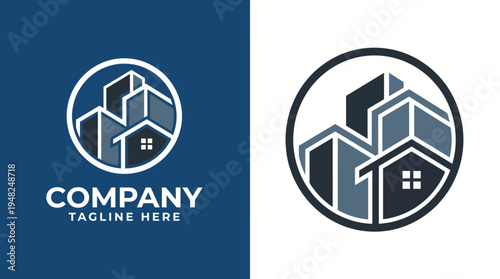 A minimalist logo design composed of geometric shapes representing homes, ideal for real estate or urban development companies looking for a sleek and professional identity.