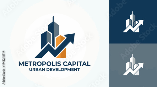 A striking logo featuring a city skyline and an upward arrow, representing growth and urban development, ideal for companies in real estate or investment sectors.